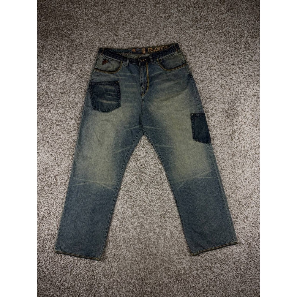 Akademiks Y2K Baggy Jeans Men's 38 Wide Leg Patch Pocket Faded Denim